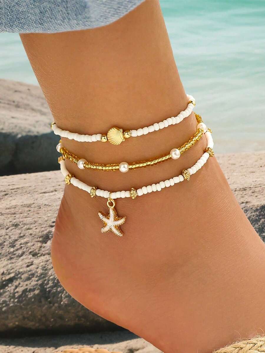 3pcs Women's Simple White Bead Pearl, Golden Starfish & Shell Anklet, Suitable For Everyday Wear And Vacation Travel