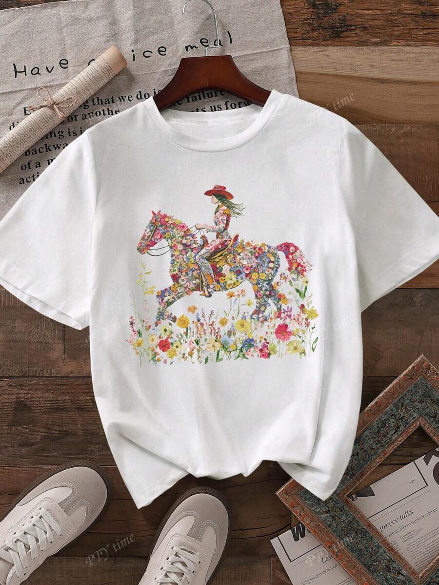 Camisa con diseño de flores silvestres y caballos salvajes, camisa de estilo campestre y vaquera, camisa de concierto country, camisa con gráfico de rodeo, linda camisa de vaquera