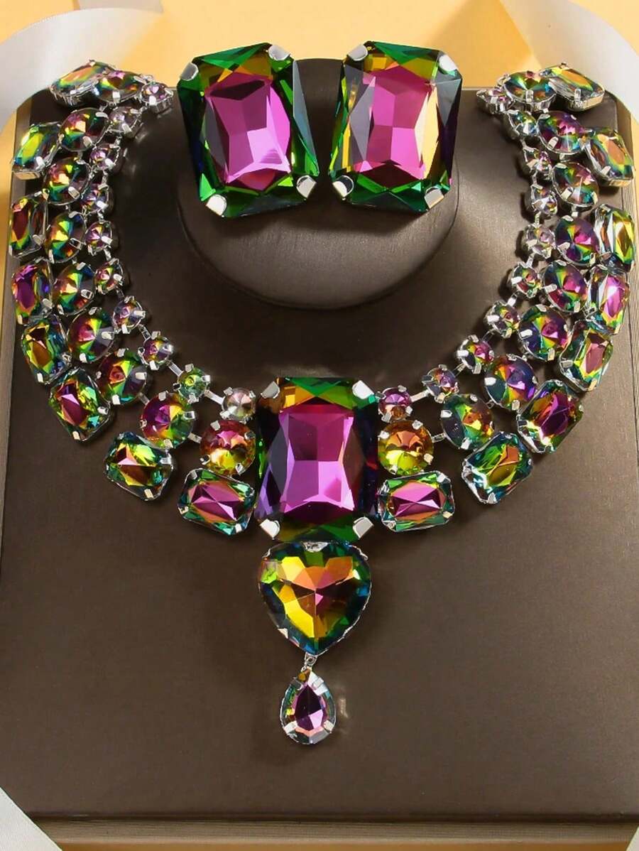 3 Piecesset Stonefans Opulent Large Necklace Earring Set Boho Party Wedding Set Statement Oversized Costume Necklace Gift