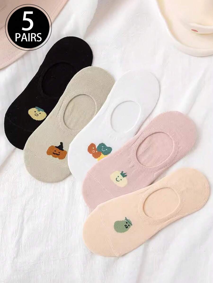 5 Pares (Cores Aleatórias) Meias Invisíveis de Silicone Respiráveis Estilo Japonês com Desenhos de Vegetais de Verão, Meias Finas e Baixas Doces para Mulheres
