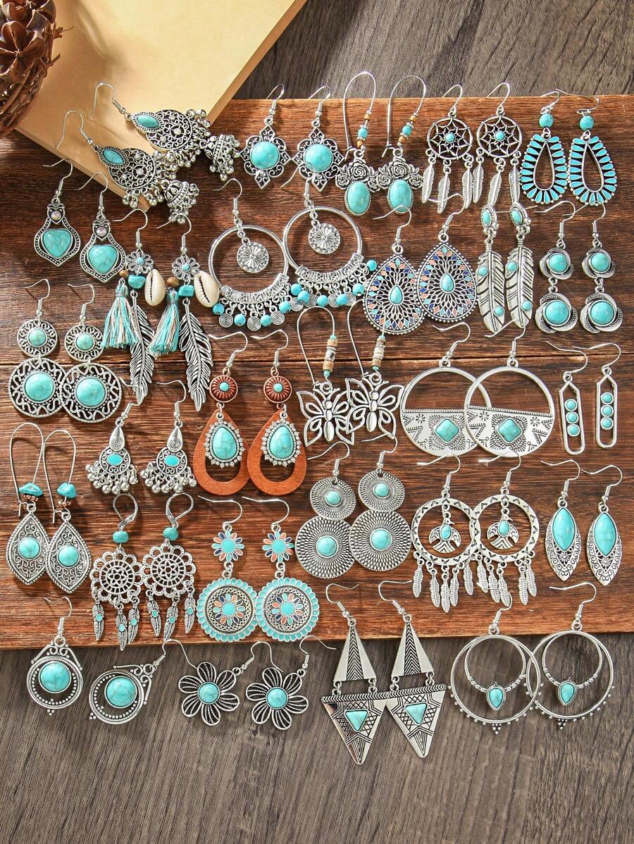 TopHanqi Juego de 7 piezas/12 piezas/20 piezas de pendientes vintage con incrustaciones de turquesa artificial en estilo bohemio retro para mujeres, con diseños geométricos versátiles y multicomponentes, adecuados para uso diario, commuting, fiestas y todas las temporadas