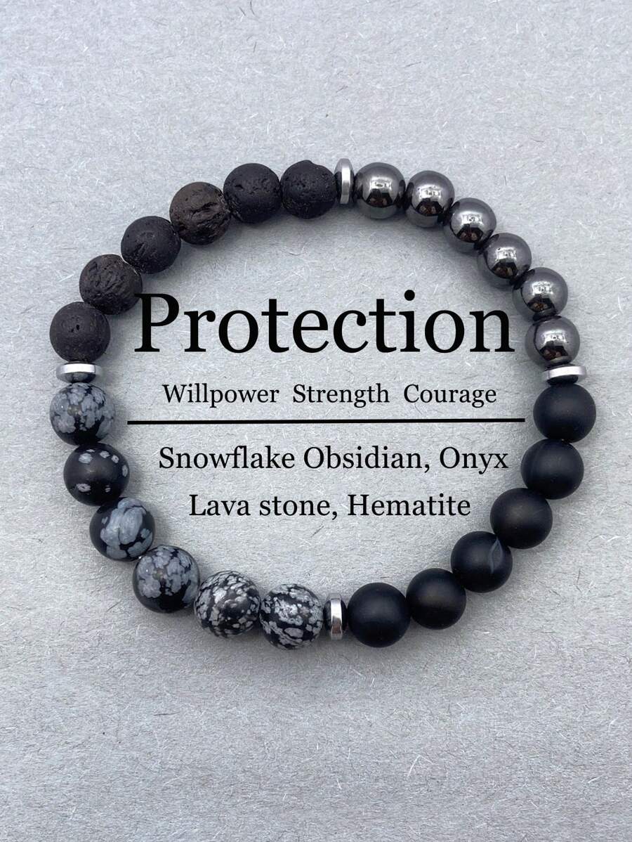 YAUKIA 1 Stück kraftvolles Schutzarmband - Schneeflocken Obsidian, Lava Stein, Schwarzer Onyx & Hämatit absorbieren negative Energie, heilende Schutzschmuck, Freundschaftsarmband