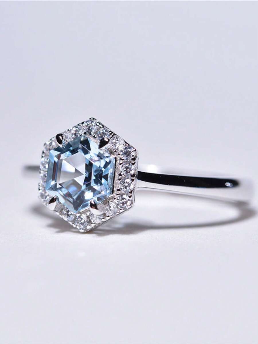 1pc S925 Sterling Silver Sky Blue Topaz Hexagon Ring, Hypoallergenic, Adjustable Size, Suitable For Party, Music Festival, Valentine's Day Gift, Elegant Bohemian Rose Design, Timeless