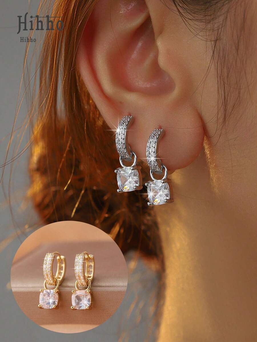 Hihho 1 Pair Fashionable Shiny White Square Zirconia Inlaid Pendant Earrings, Delicate & Lively Jewelry For Women, Suitable For Date, Party, Banquet, Wedding