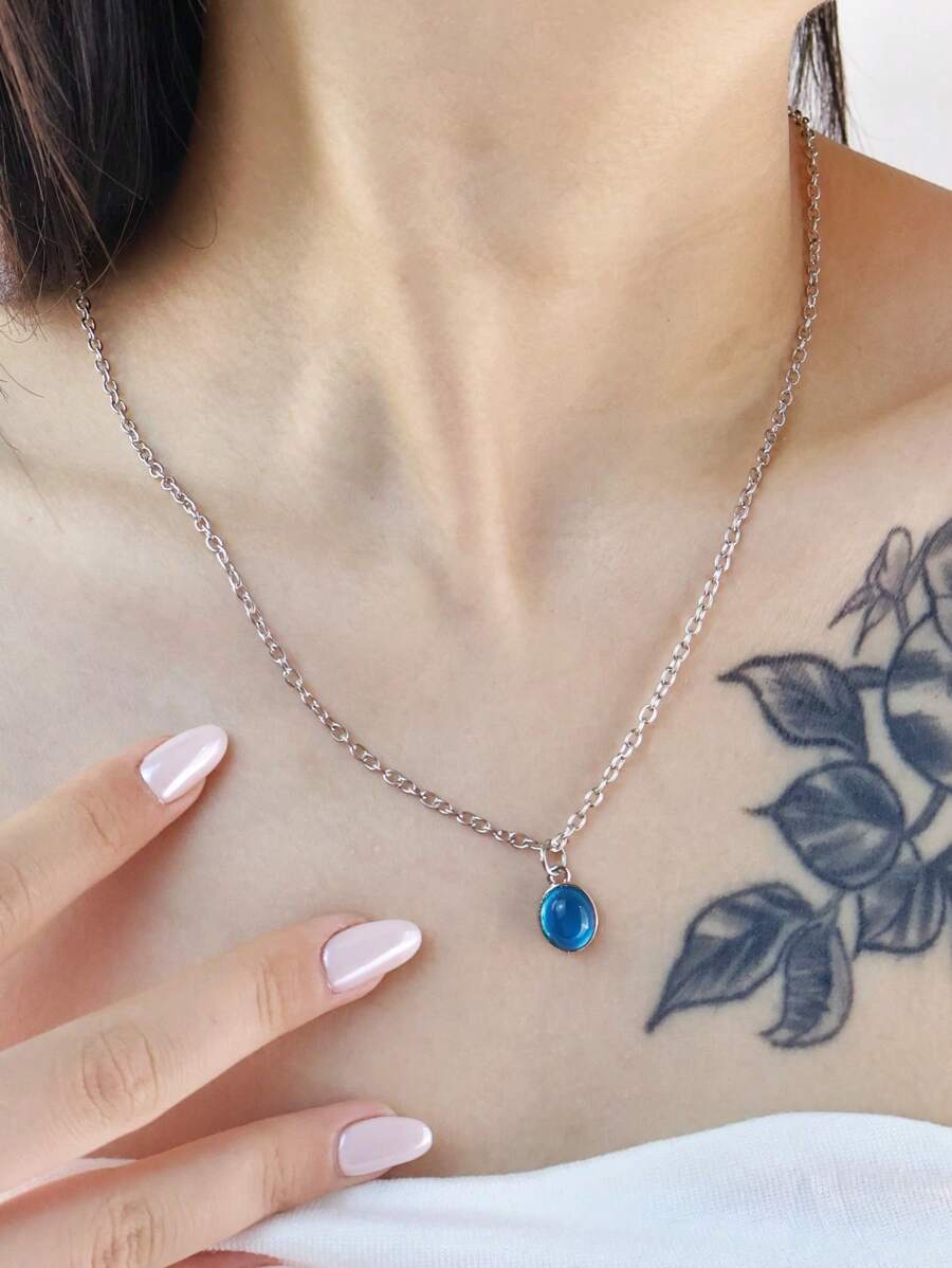 High-End Elegant Aqua Blue Natural Gemstone Water Drop Necklace, Unique Design Oval Pendant Clavicle Chain, Gift For Her