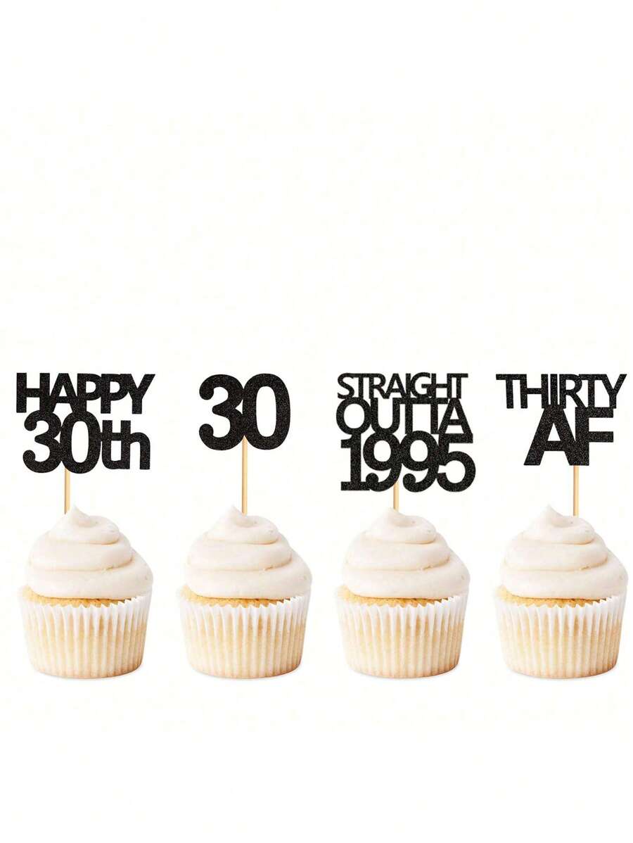 12/24pcs/Set Glitter Black 1995 1985 1975 Cupcake Toppers, Happy 30th/40th/50th Birthday Party Cake Decorations