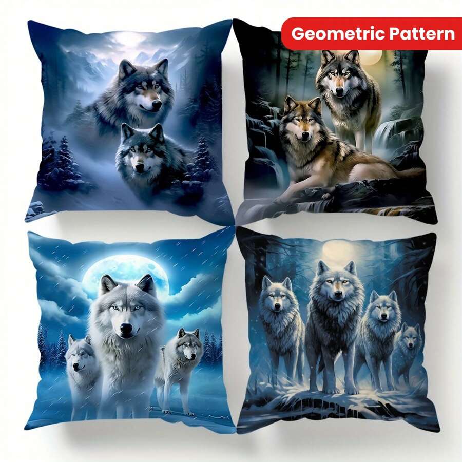 Fronha com design contemporâneo de lobo, 2 peças, fibra de poliéster, impressão unilateral, capa de almofada decorativa para sofá, decoração para casa, tema animal, estilo retrô, padrão geométrico, sala de estar, fecho de zíper, limpeza parcial sem núcleo de travesseiro