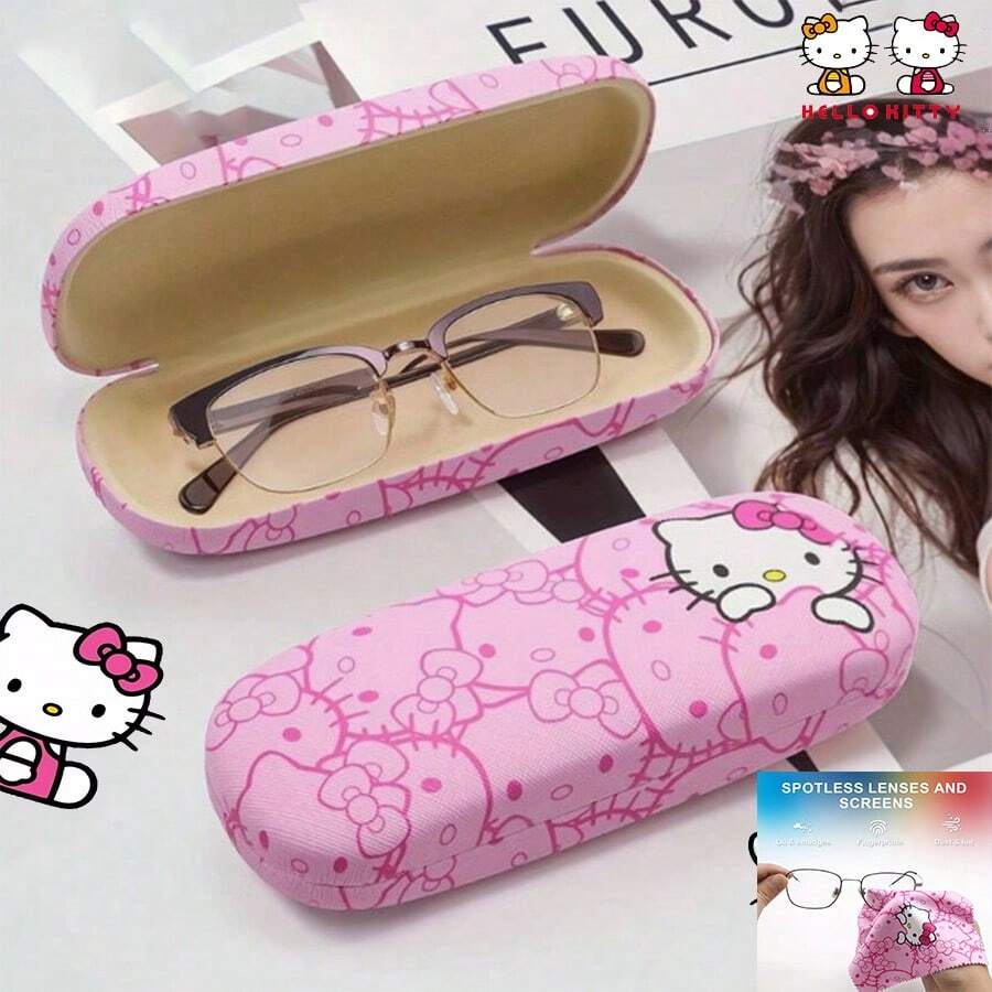 Sanrio 1pc Hello Kitty Pink Glasses Case, Cute Cartoon Print Design, Durable PU Leather, Scratch Resistant Glasses Storage Box, Portable Cute Glasses Storage Box, Suitable For Schools And Offices, Perfect For Returning To School Gifts, Compact Organizing Box, Suitable For Office Workers