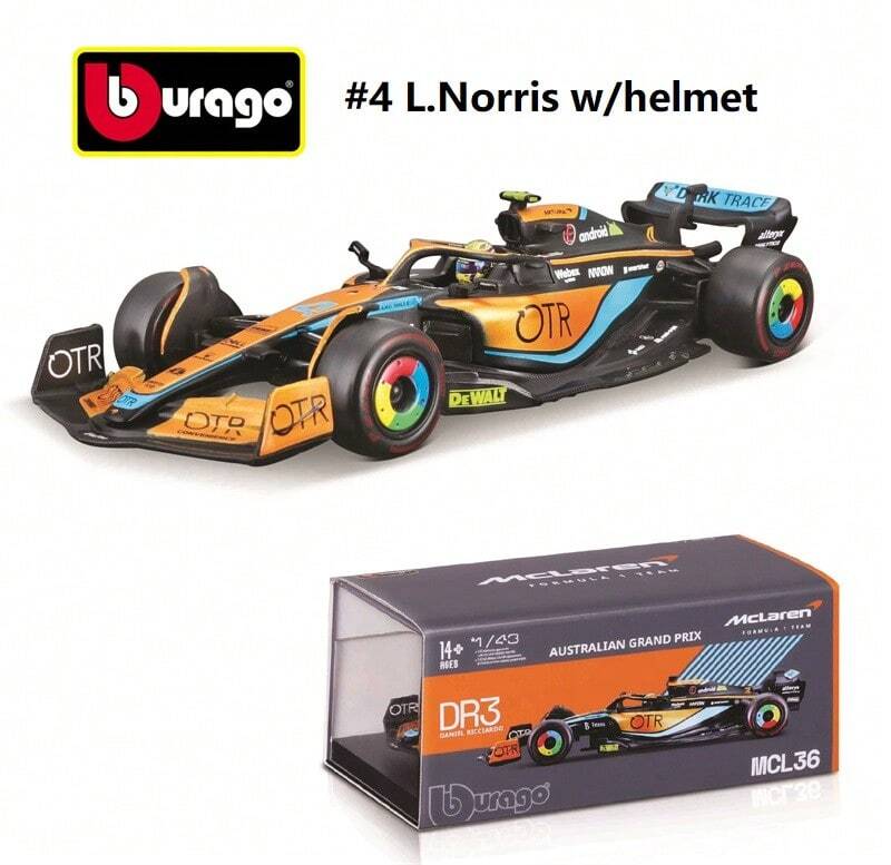 Burago Modellino in lega di MCL36 F1 in edizione da collezione 1:43, con casco del pilota da corsa e custodia in plexiglass premium, per gli appassionati di auto, edizione limitata che celebra 14 anni di storia delle corse