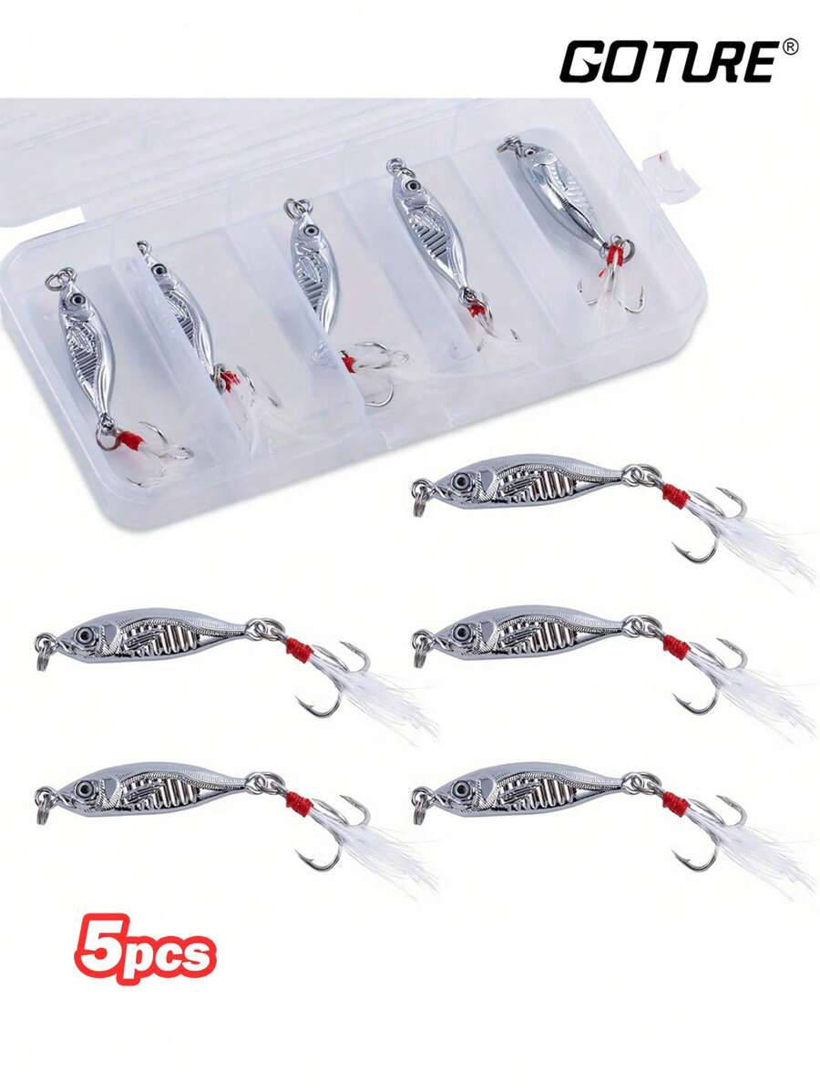 GOTURE Goture 5 Peças Iscas de Pesca Jigs, Iscas de Pesca em Liga de Zinco Vertical para Água Doce e Salgada, Iscas de Pesca Jigs de 7g a 30g com Anzol Triplo e Penas, Iscas de Pesca Colher com Caixa de Equipamentos para Atum, Salmão, Achigã, Truta