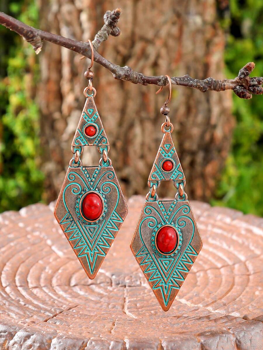 TopHanqi 1 paire de boucles d'oreilles pendantes bohèmes, incrusté de rubis artificiels, design géométrique à double couche de losange, convient pour le port quotidien des femmes, les fêtes, les rassemblements, les déplacements, polyvalent pour toutes les saisons