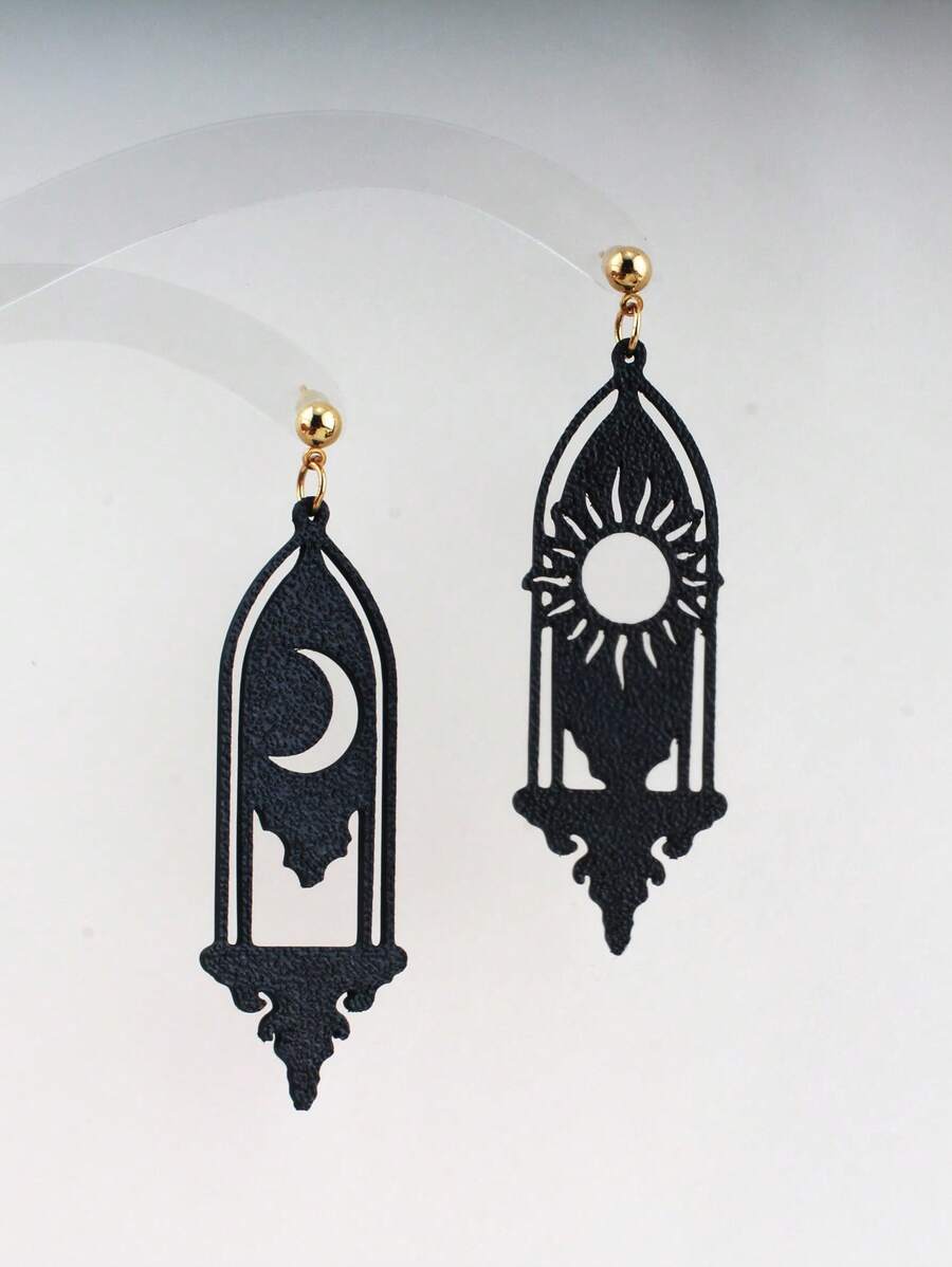 Pendientes con forma de ventana con luna y sol, pendientes versátiles para mujeres