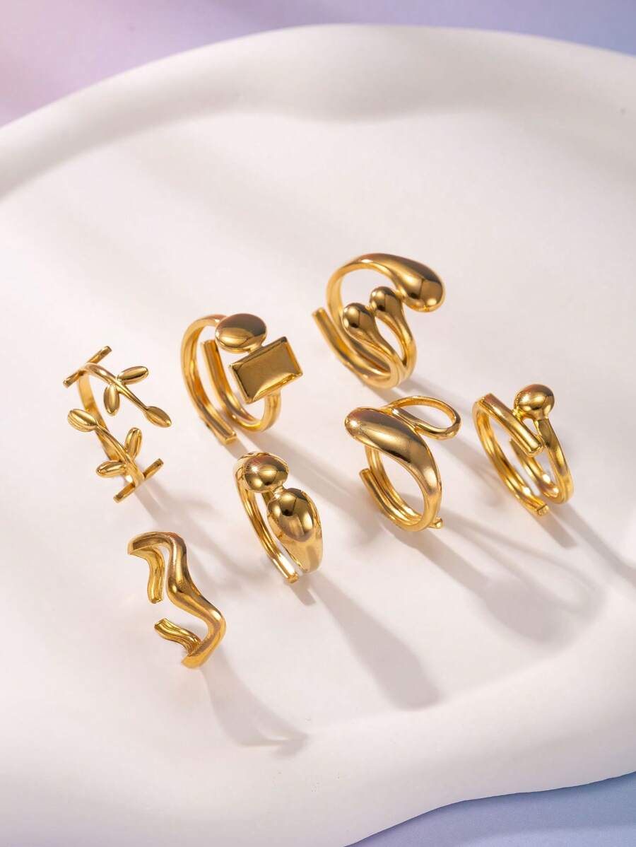 Set de 7 anillos de mujer ajustables con diseño geométrico de estilo bohemio, chapados en oro de 18k y acero inoxidable, adecuados para uso diario o como regalo
