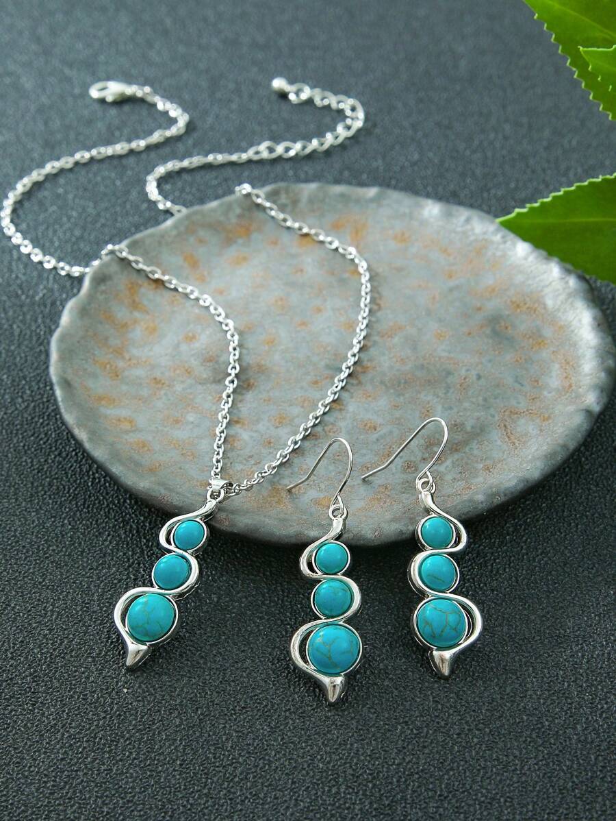 TopHanqi Set de 3 piezas de joyas retro: Pendientes colgantes de plata falsa con turquesa vintage, collar con colgante geométrico en forma de calabaza, accesorio versátil para uso diario, fiestas, ir al trabajo, idea de regalo para todas las estaciones