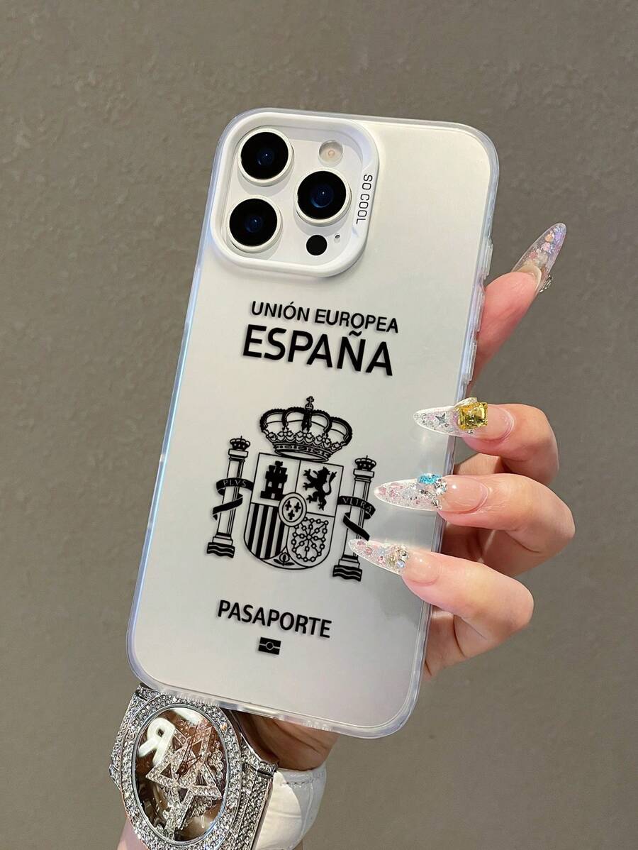 1pc Spain Passport Style Phone Case, Spain National Emblem Pattern, Travel & Fashion, Silver Background White Soft Frame High-End Hard Shell Phone Case, Protective Cover Compatible With Samsung, 13, 16 Pro Max