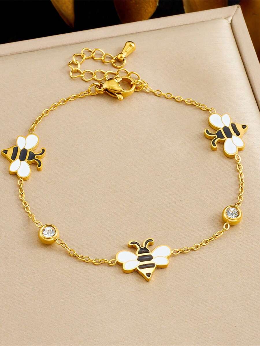 Enamel Dripping Oil Bee & Zirconia Women's Bracelet, Stainless Steel Gold Plated, Versatile, Elegant Jewelry Gift For Women, Suitable For Party And Ceremony