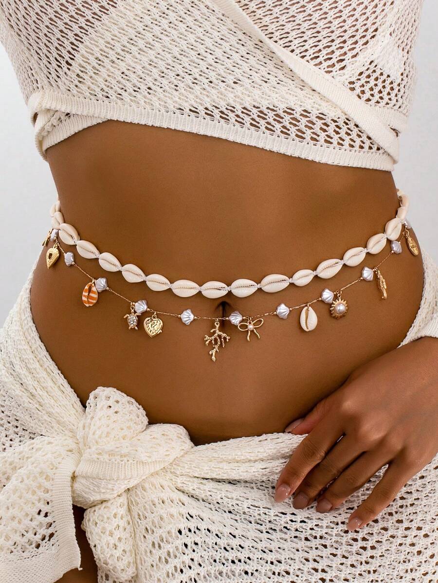 1 Pç. Corrente de cintura com pingente de estrela do mar coral estilo oceano de verão, corrente de barriga feminina, joias corporais com pingentes temáticos marinhos adequadas para trajes de biquíni, férias, praia, festa.