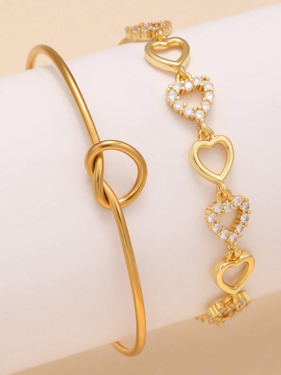 Sexy Charming Fashion Hollow Heart Shaped Cubic Zirconia Inlayed Stainless Steel Bracelet And Bangle Set For Women, Suitable For Dates, Gala Dinners, Parties, And Gifting