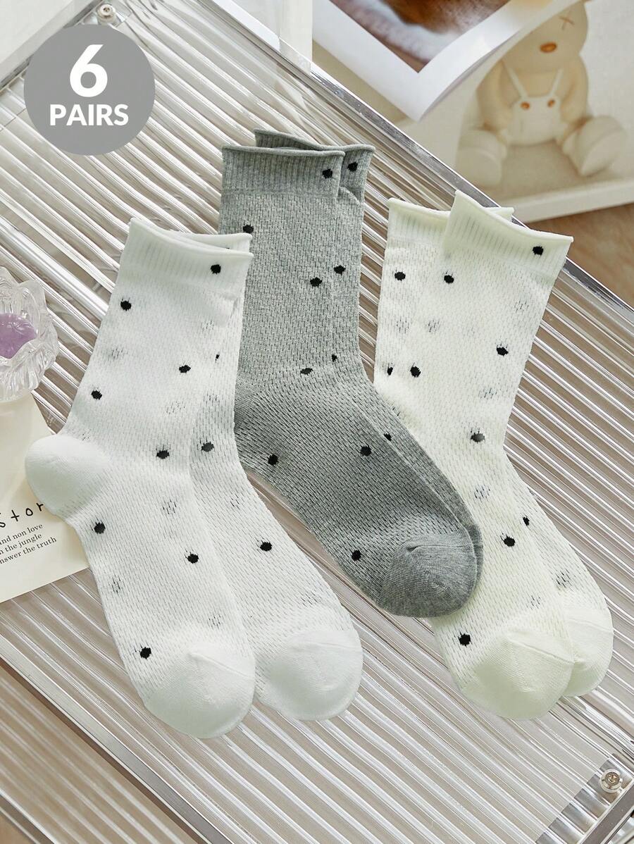 6 Pairs Of Women's Socks, Ribbed Edge Polka Dot Women's Crew Socks, Daily Time Casual Sports And Out Wear