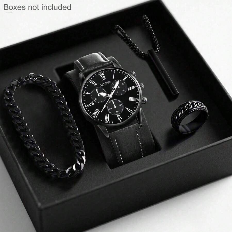 LIANDU LIANDU Men's Watch 4 Piece Set, Casual Chic, Roman Numerals, Round Dial, Quartz Watch And Pendant Necklace, Cuban Bracelet, Ring Set For Everyday Wear, Back To School Season, Graduation Season, Thanksgiving Day, Couples, Best Gift (No Box)