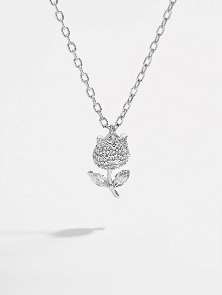 1 pieza Elegante y de Moda Colgante de Collar de Plata de Ley 925 con Diseño de Flor de Tulipán CZ, Adecuado para Uso Diario, Fiesta y Como Regalo para Realzar la Elegancia