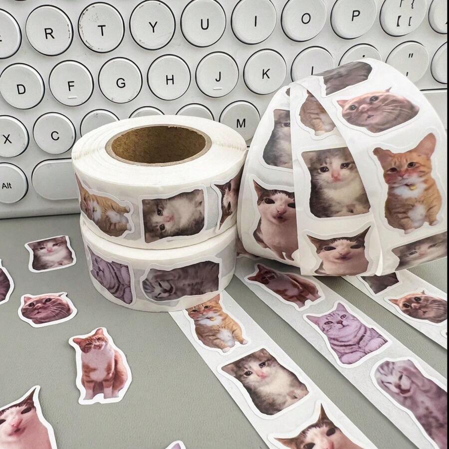 500 pezzi/rotolo Divertenti adesivi gatto meme - Forniture per scrapbooking carino per bambini, sigilli per buste creativi e decorazione per quaderni