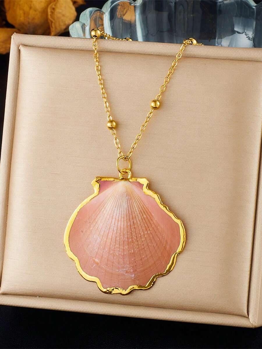 1 goldfarbene Edelstahl einfache Muschelanhänger Accessoire Halskette für Strandurlaub Frauen, Schlüsselbein-Kette