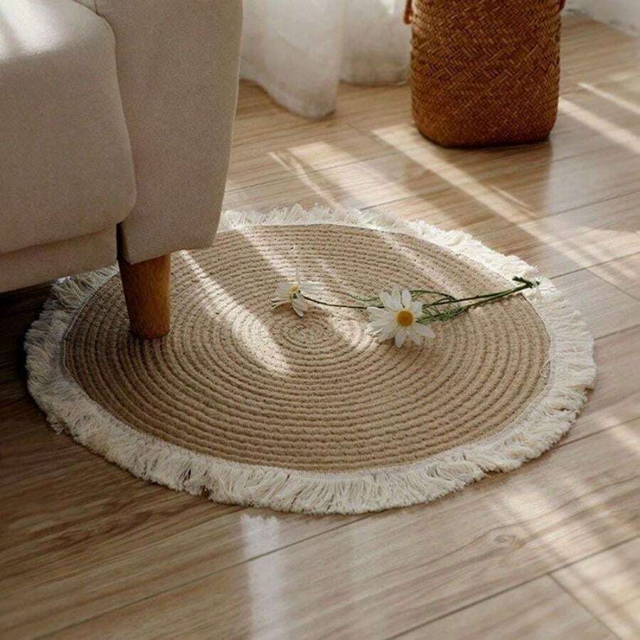Tappeto rotondo in fibra naturale Xemussa con dettagli a nappine - perfetto per il soggiorno, la camera da letto e l'area studio, 80cm/45cm/40cm