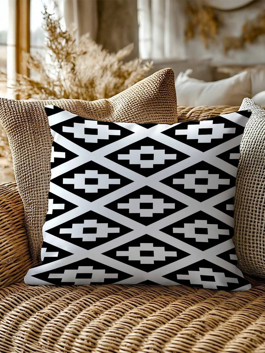 1/2pcs Simple Black & White Geometric Pattern Cushion Cover, Without Insert, Plush Printed Square Pillow Covers, Suitable For Home Decor In Living Room, Bedroom, Sofa, Car, All Seasons
