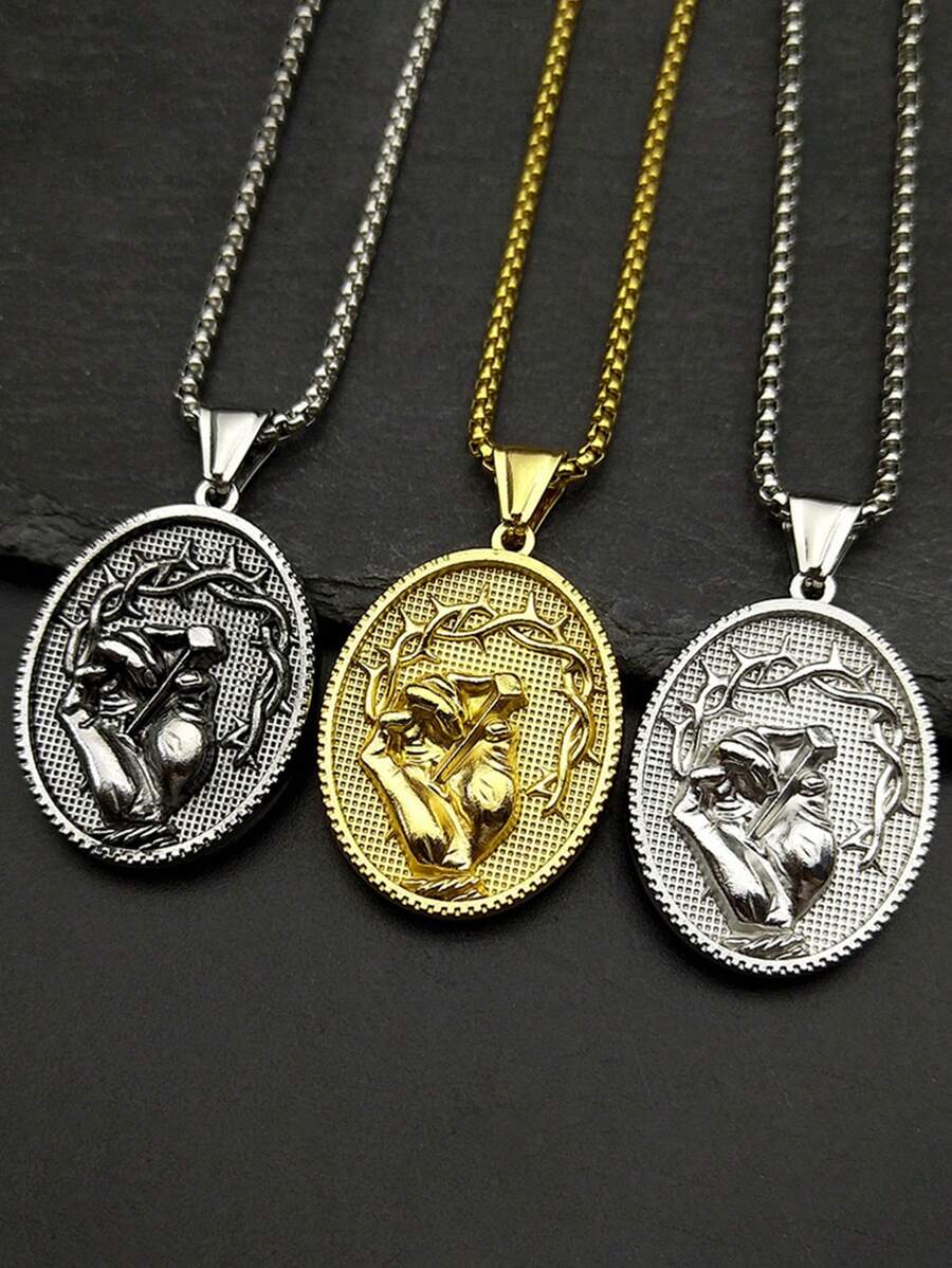 Vintage Dornenkrone Kruzifix Medaillon Anhänger Halskette für Frauen Männer, Edelstahl, Christlich, Gold- und Silberfarbe, Schmuckgeschenk