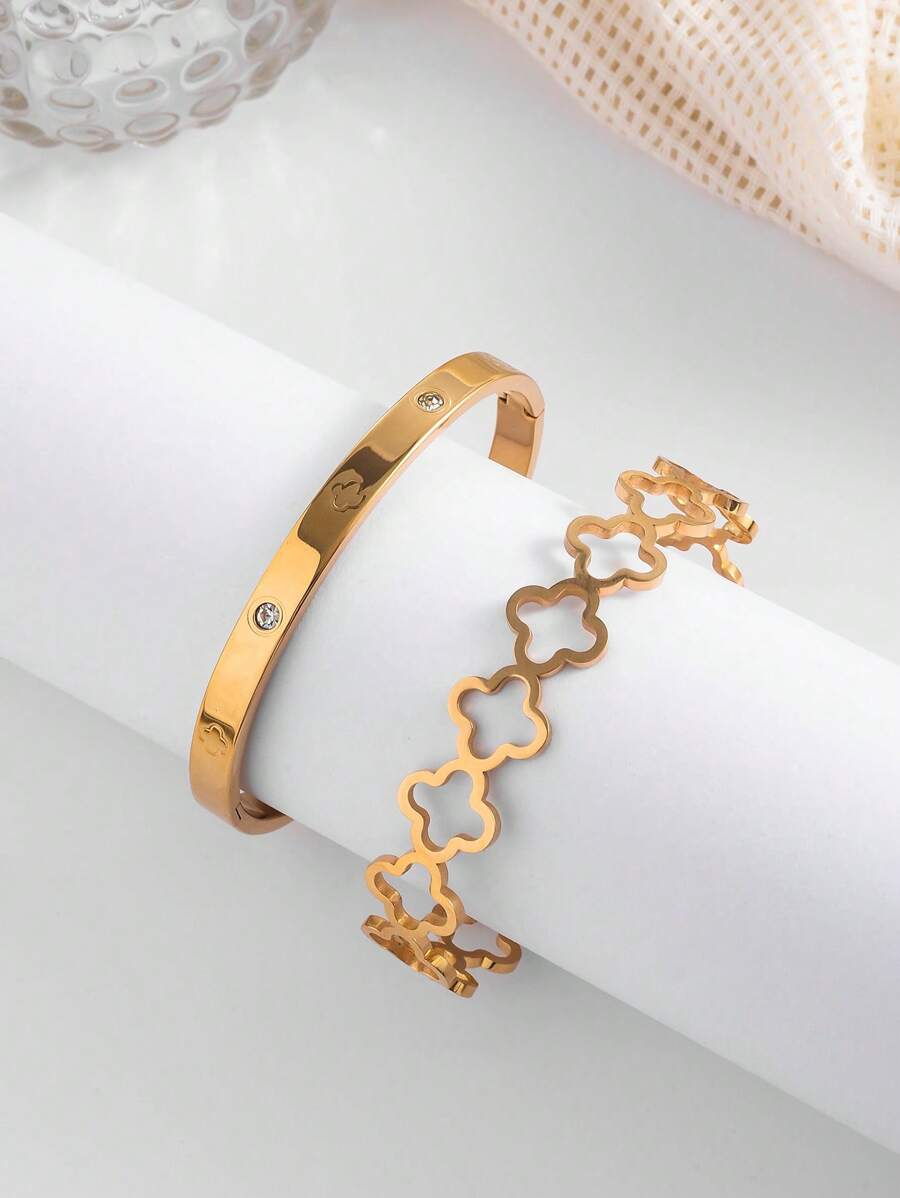 2pcs/Set Simple Floral Stainless Steel Vacuum Plated Non-Fading Bracelet, Suitable For Women's Daily Wear