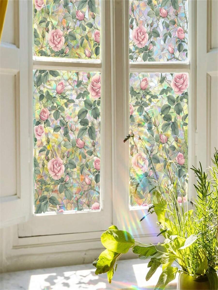 1Roll Rainbow Window Privacy Film Decorative Stained Glass Diamond Pattern Window Sticker With Iridescent Tint Non-Adhesive Static Cling For Home Office Bathroom Room Decor Home Decor Wall Decor Wall Stickers Stickers Wall Sticker