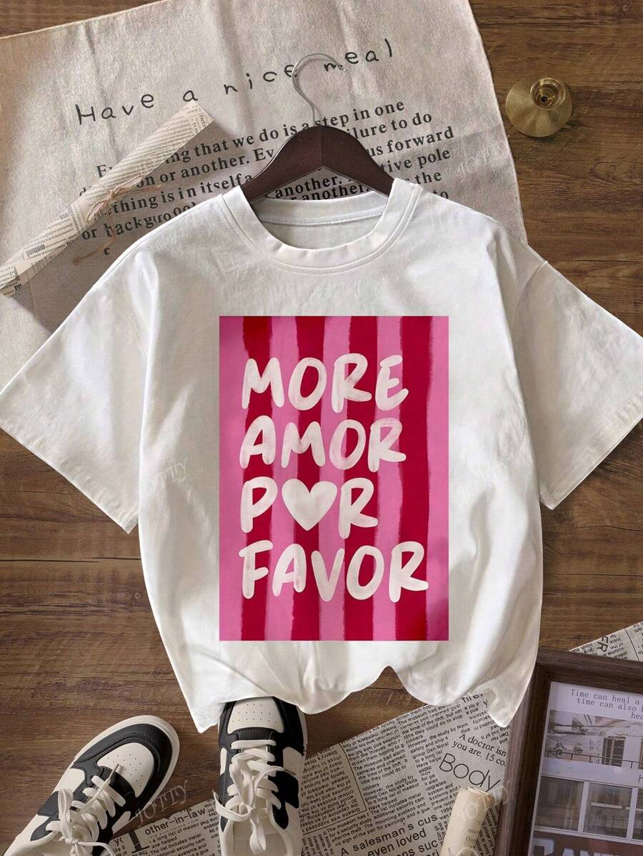 More Amor Por Favor Retro Letter Print Summer Vacation Casual Round Neck Short Sleeve T-Shirt For Women