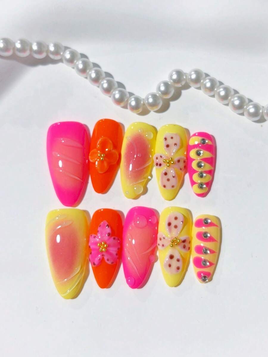 10 Nail Pieces Almond Handmade Super Beautiful High-Grade Feminine Sweet Cool Style Multi-Colored Light Hawaiian Color With Three-Dimensional Flowers With Flower Core Gold Small Steel Ball Embellishment Three-Dimensional Water Drop Decoration Color Bright Patch Nails, Including Tools Suitable For Girls And Women. Party And Everyday Wear
