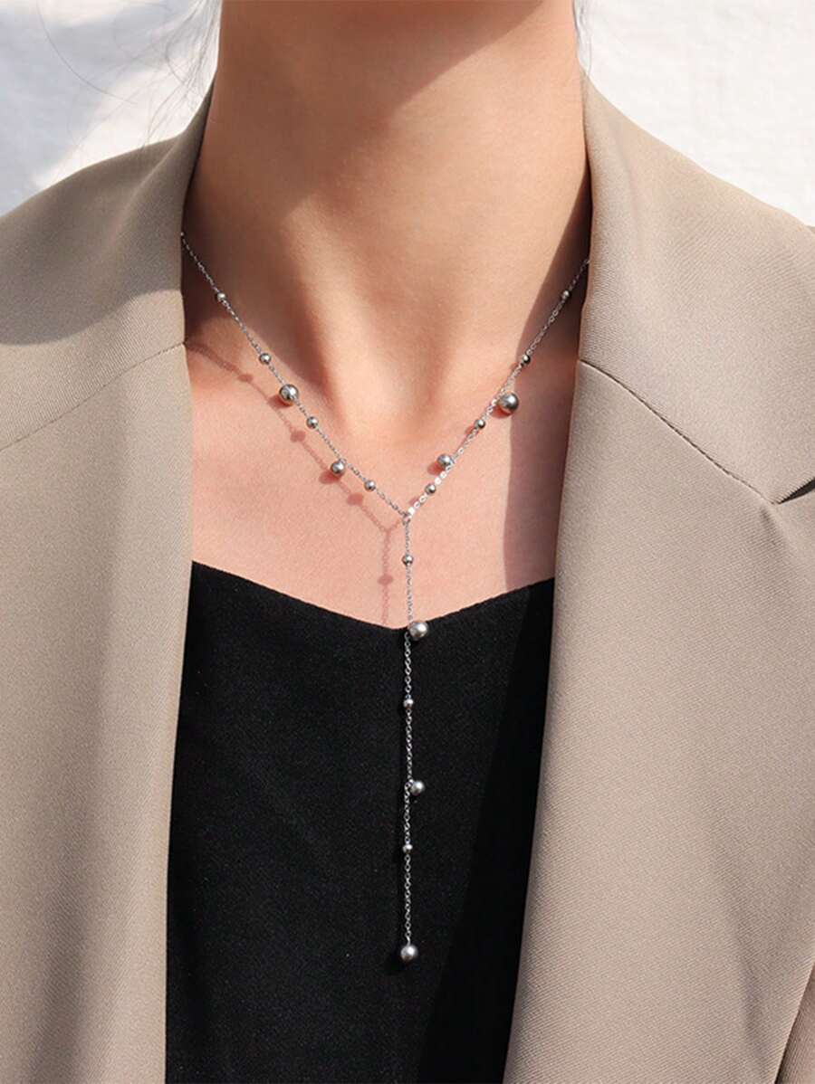 GarassJey 1pc Stainless Steel Round Ball With Long Tassel Pearl Necklace, Elegant Women Necklace