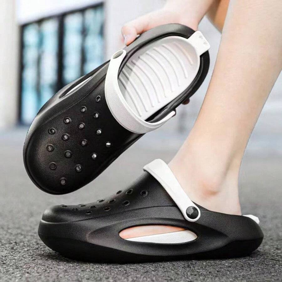 Mens Perforated Slip-On Sandals, Summer Outdoor Non-Slip Korean Style Slide Sandals With Toe Cover, Suitable For Beach, Seaside