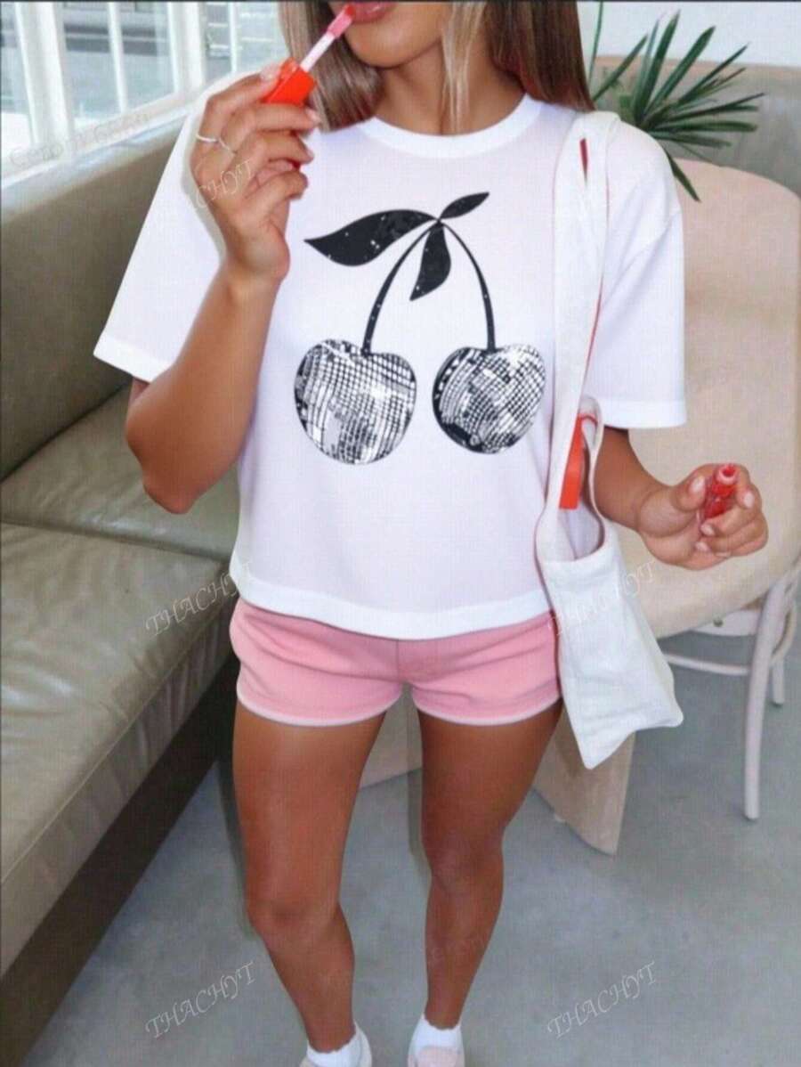 Camiseta t-shirt estampada blanca mujer oversized brillo casual verano moda