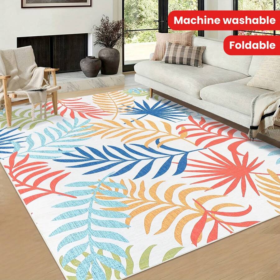 1pc Beautiful Bohemian Leaf Pattern Area Rug, Modern Washable Plush Soft Large Size Carpet For Living Room Bedroom Office, Tropical Palm Leaves Rug, Long Runner Entryway Indoor Mat, All Season Home Decor