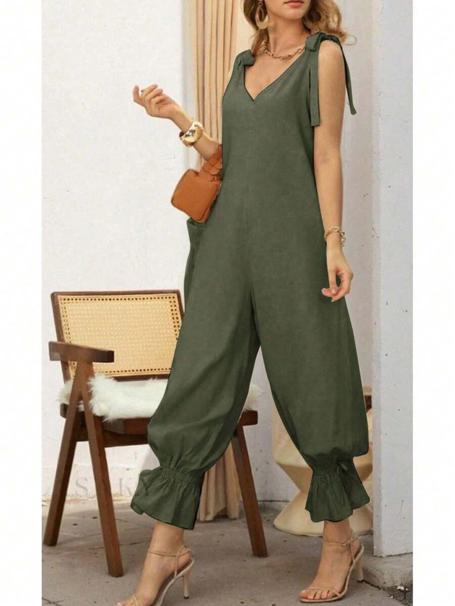 Women's Casual Solid Color Knotted Camisole Harem Pants, Suitable For Dates And Vacations
