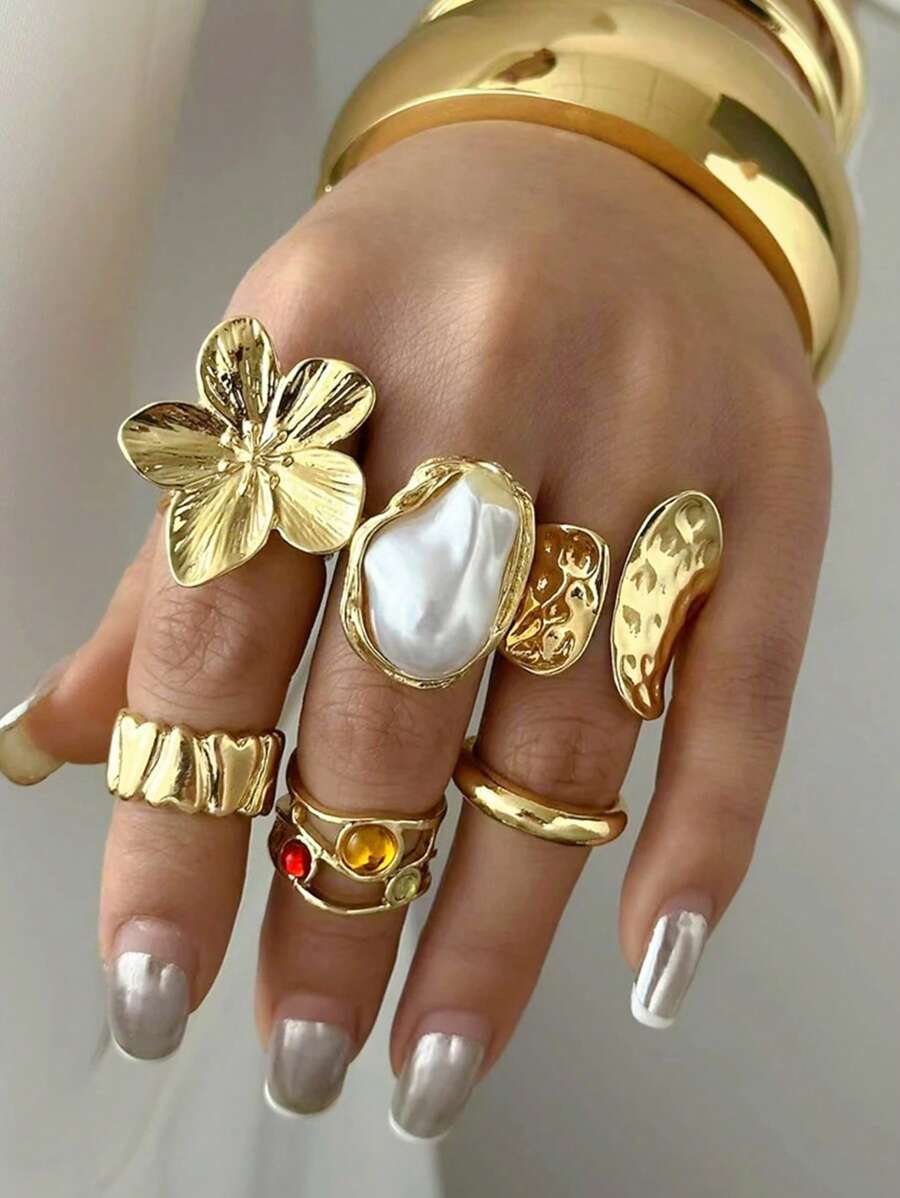 6pcs Vintage Elegant Fashion Metallic Antique Coin, Baroque Faux Pearl Flower, Metal Hollow Line Inlaid Colorful Gem Adjustable Cocktail Ring Set. Stylish, Versatile, High-End Multi-Piece Stacking Rings, Suitable For Ladies Summer Beach Party, Wedding, Anniversary, Valentine's Day Gift