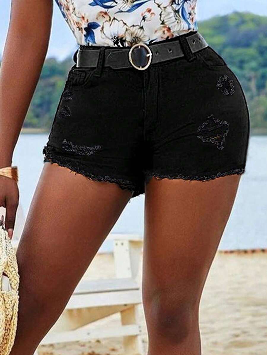 Pantalones cortos vaqueros casuales para mujeres con volantes desgastados y pantalones cortos de verano desgastados