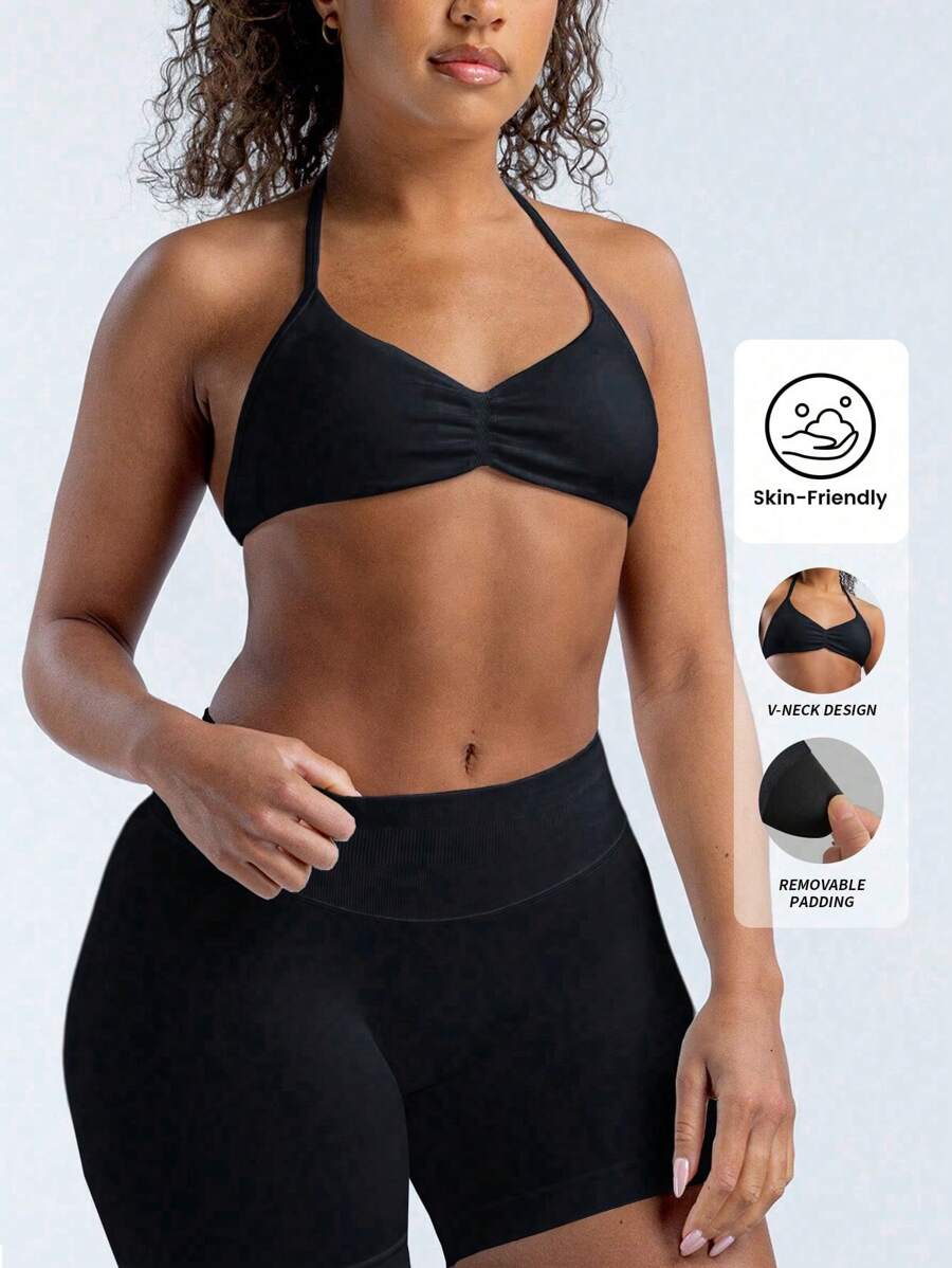 Yefecy Impact Strappy Bra Gym Top Women High Support Impact Thin Strap Halter Sports Seamless Bras Scrunch Workout Yoga Tank Top