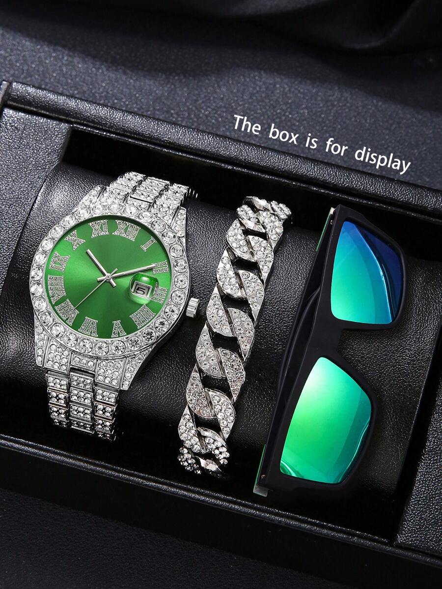 3 pièces Ensemble cadeau montre - Comprend une montre-bracelet élégante en alliage noir pour homme, des lunettes de soleil de moto, un bracelet de cristal de luxe. Convient comme cadeau de fête pour lui