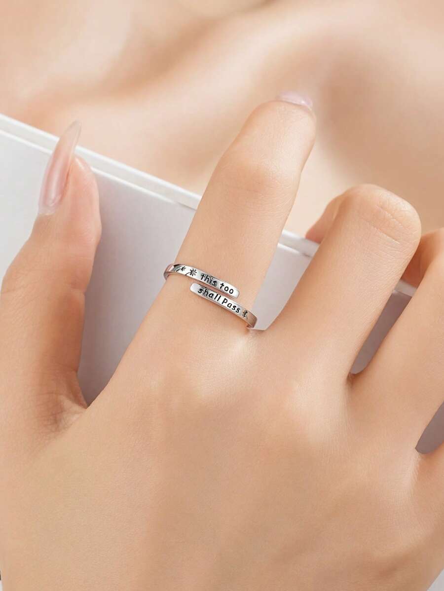 1 Stück Retro personalisierte Schmuckgeschenkbox aus Silber mit Motto "This Too Shall Pass", S925 Sterlingsilber Unisex Ring, geeignet für Paare, Geschenke, Feiertage, Strandurlaub, Partys, Abschlussbälle, Musikfestivals
