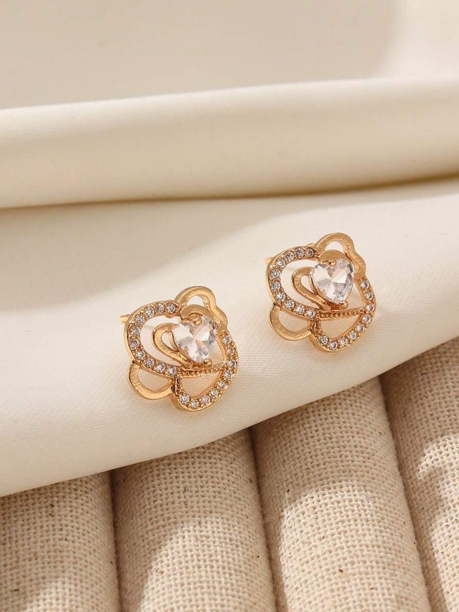 1 par de pendientes de botón con forma de corazón y flores de aleación de cobre con acentos de circonita, de moda y versátiles, ligeros y elegantes para uso diario o fiestas