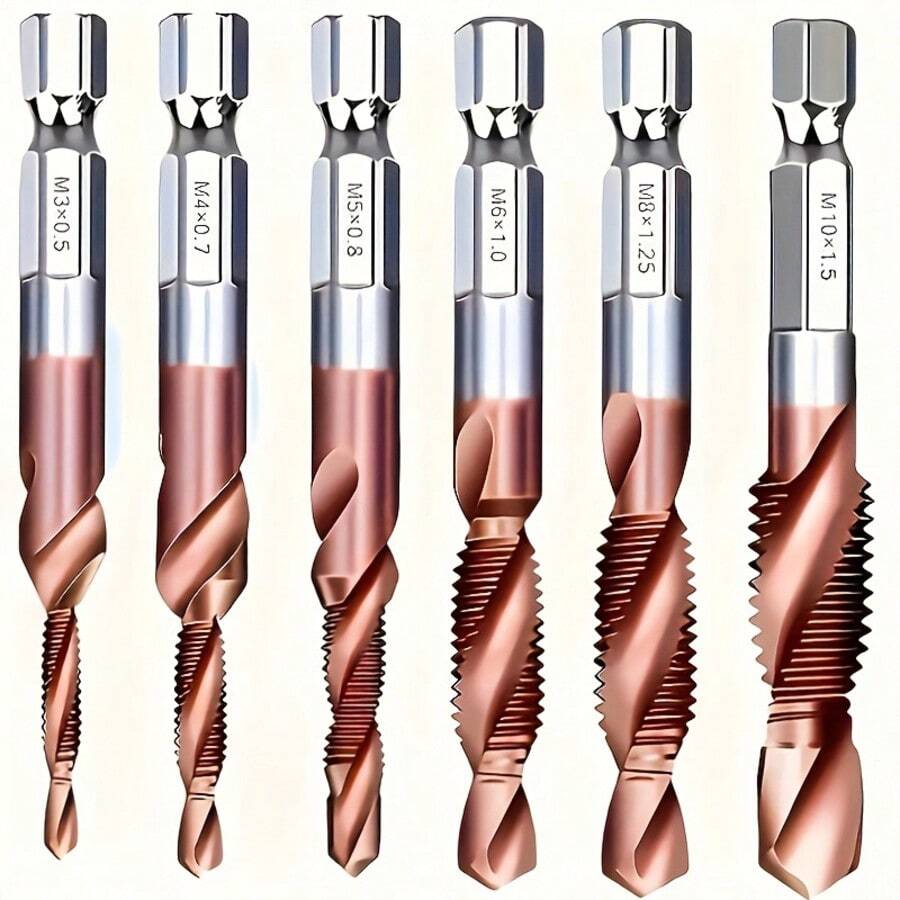 Set da 6 pezzi di punte per trapano e maschi in acciaio rapido di cobalto, con svasatura e sbavatura - misure metriche da M3 a M10, gambo esagonale da 1/4"