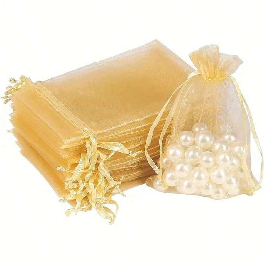 100pcs Gold Organza Gift Bags, 4x6 Inches Candy Mesh Drawstring Gift Bags For Christmas, Wedding, Party, Jewelry, Cosmetic, Transparent Lightweight Fruit Protection Bags