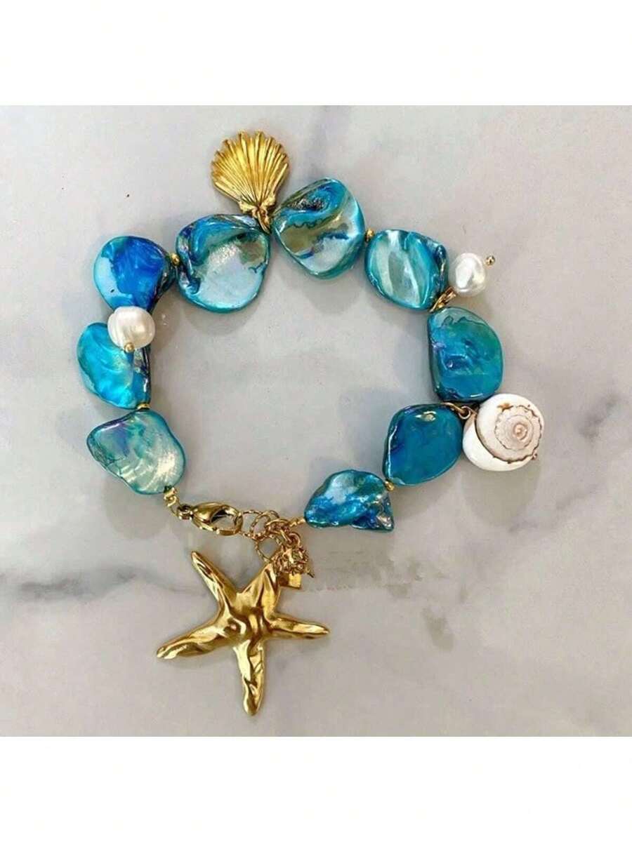 1 peça elegante e moderna para férias na praia, concha, estrela do mar, concha, pulseira de pérola falsa, adequada para mulheres, joias de resort e festa