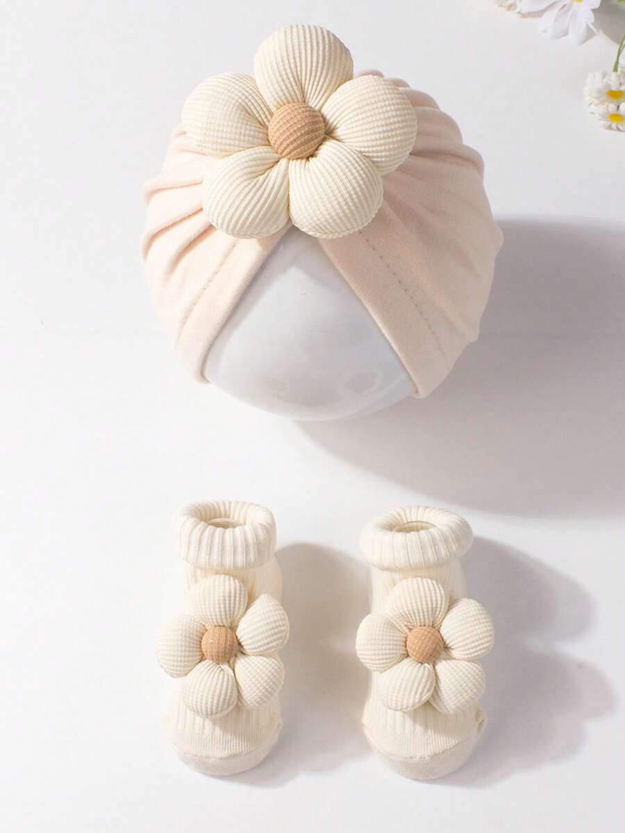 1 pieza Gorro de bebé con flor de cinco pétalos, suave y cómodo, 1 pieza de calcetines para niños con diseño de flores, aptos para uso diario, 0-2 años