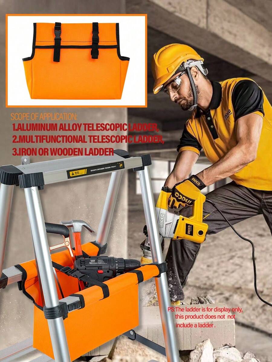1pc Heavy Duty Tool Bag For Step Ladder, Oxford Cloth Material, Waterproof And Scratch Resistant, Expandable Storage With Hanging Design For Home Remodeling Organizer, Large Capacity For Storing Screws, Wrenches, Drills And Other Maintenance Tools